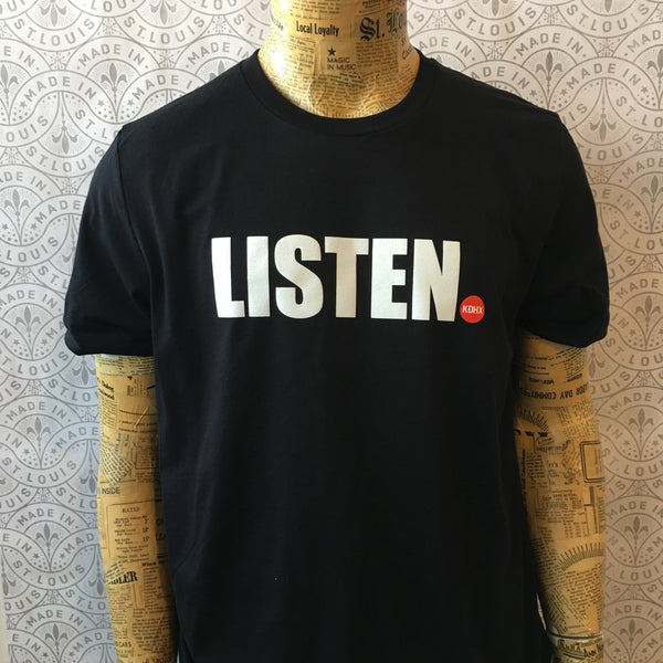 Black T-Shirt that reads "Listen" followed by KDHX logo